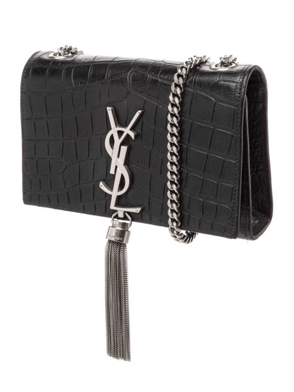 Saint Laurent Black Croc-Embossed Chain Tassel Shoulder Bag